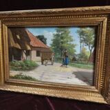 Antique oil painting, french barbizon school, wooden frame