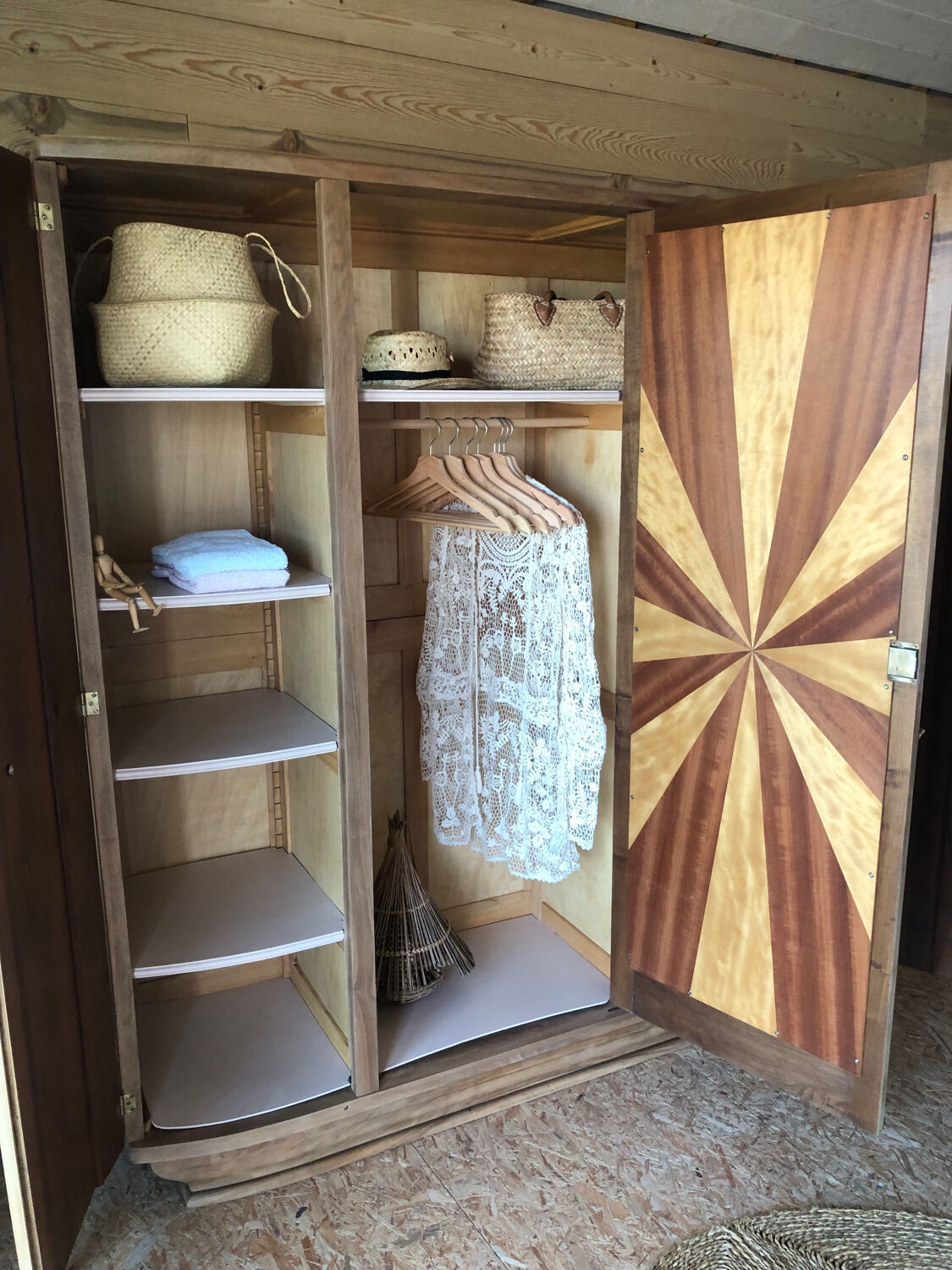 Art Deco wardrobe, solid wood and beveled mirror