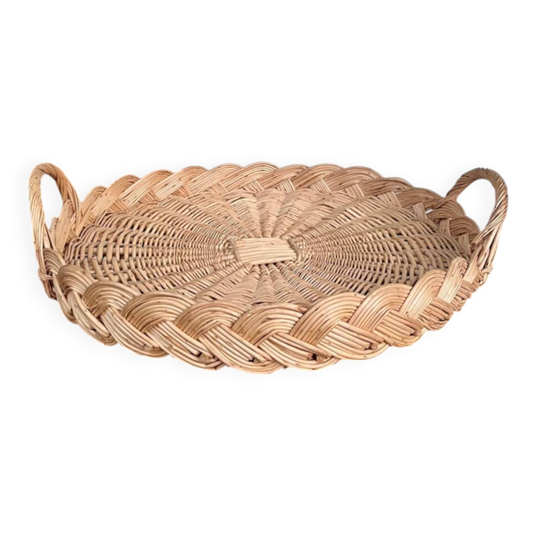 Grand plateau rond en osier tressé – Artisanat vintage