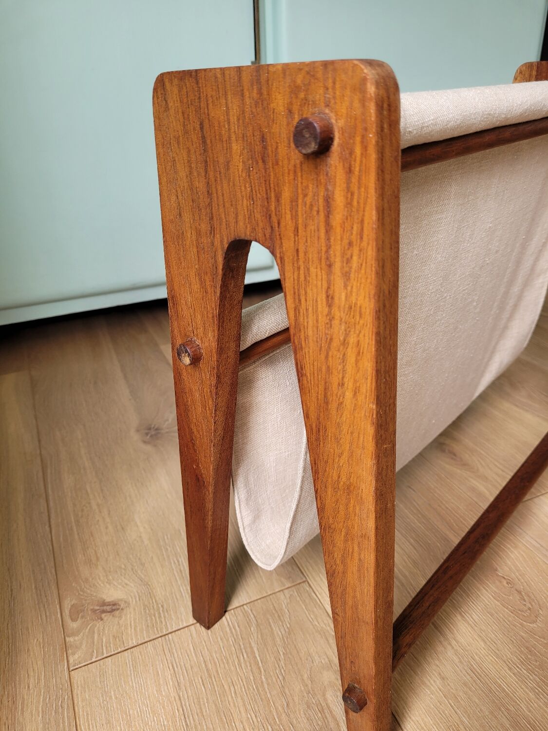 Scandinavian magazine rack exotic wood and linen