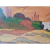 Wooden table, varnished painting signed Clavere.