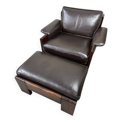 Fauteuil et repose-pieds vintage en cuir marron/chêne Leolux par Harry de Groot – 1970