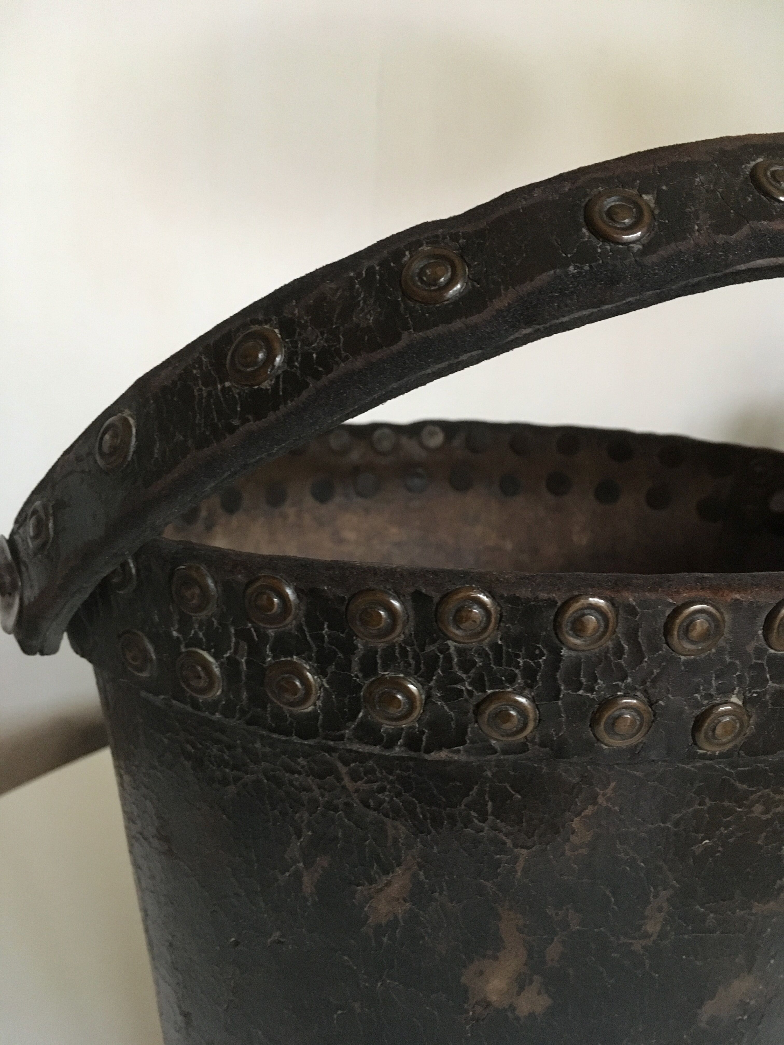 Brutalist studded leather wastepaper basket bucket 1920