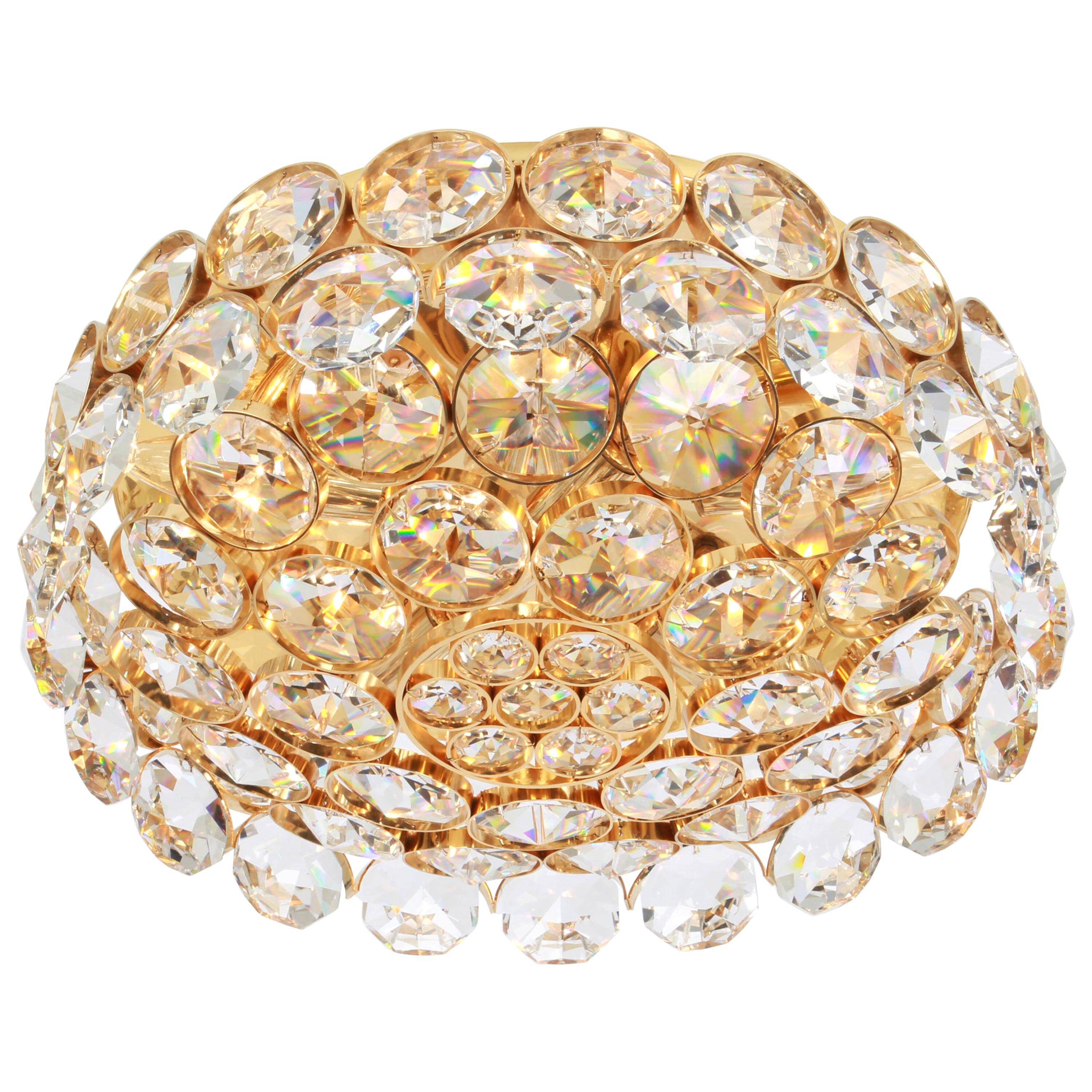 Chandelier in gilded brass and crystal glass inlaid by Palwa, Germany, 1970s.