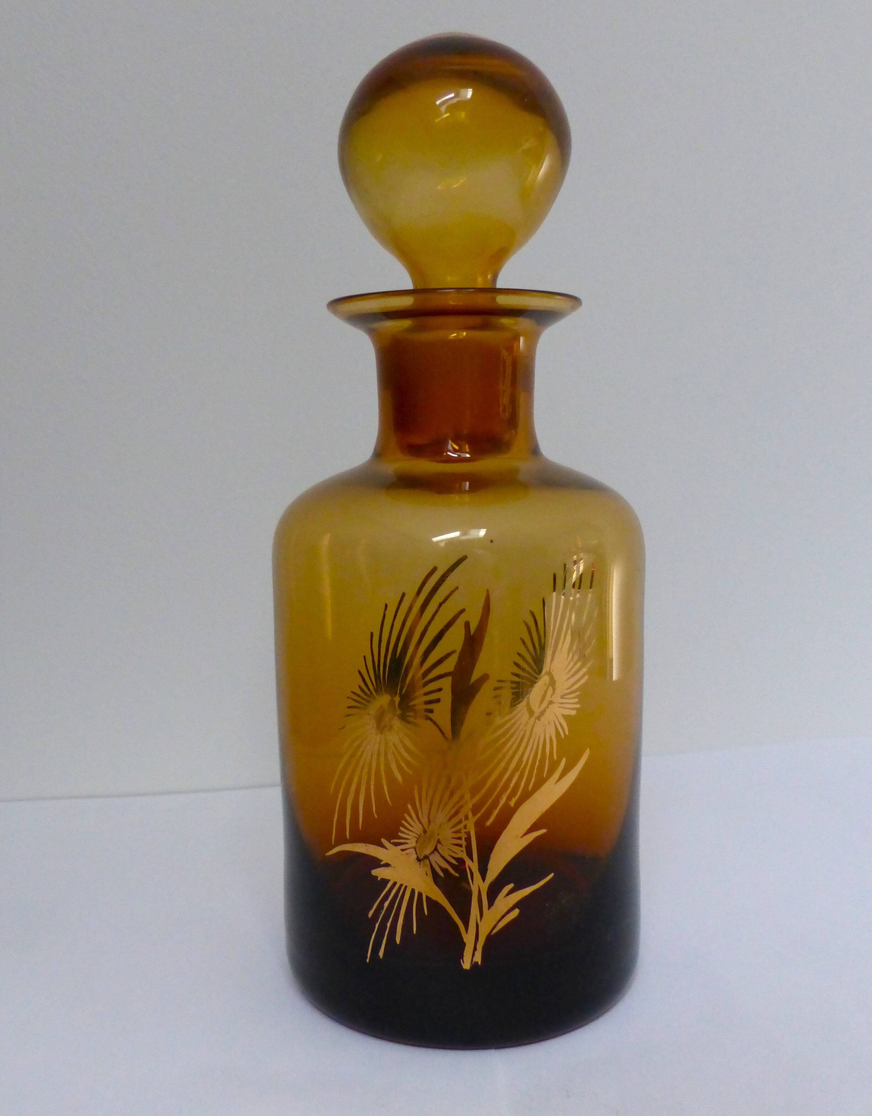 Decorated and signed perfume bottle, brown glass, painted "by hand Clary Paris"
