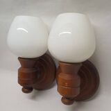 Set of vintage globe opaline wall lights wooden support