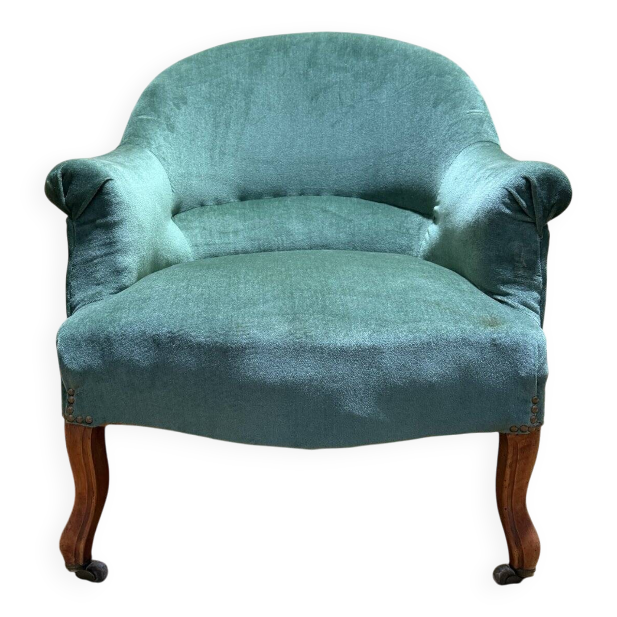 Napoleon III period crapaud armchair in green velvet.