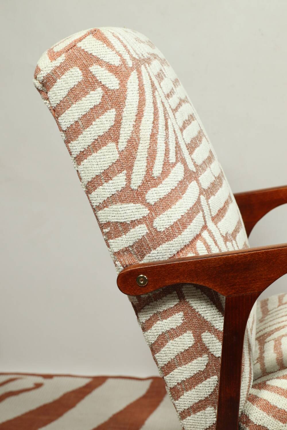 Vintage wooden and fabric armchair, restored, Poland