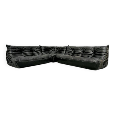 Ensemble de salon français en cuir noir par Michel Ducaroy pour Ligne Roset, ensemble de 3.