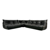 French Togo living room set in black leather by Michel Ducaroy for Ligne Roset, set of 3