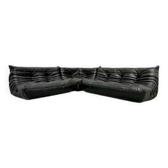 French Togo living room set in black leather by Michel Ducaroy for Ligne Roset, set of 3