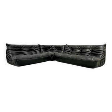 French Togo living room set in black leather by Michel Ducaroy for Ligne Roset, set of 3