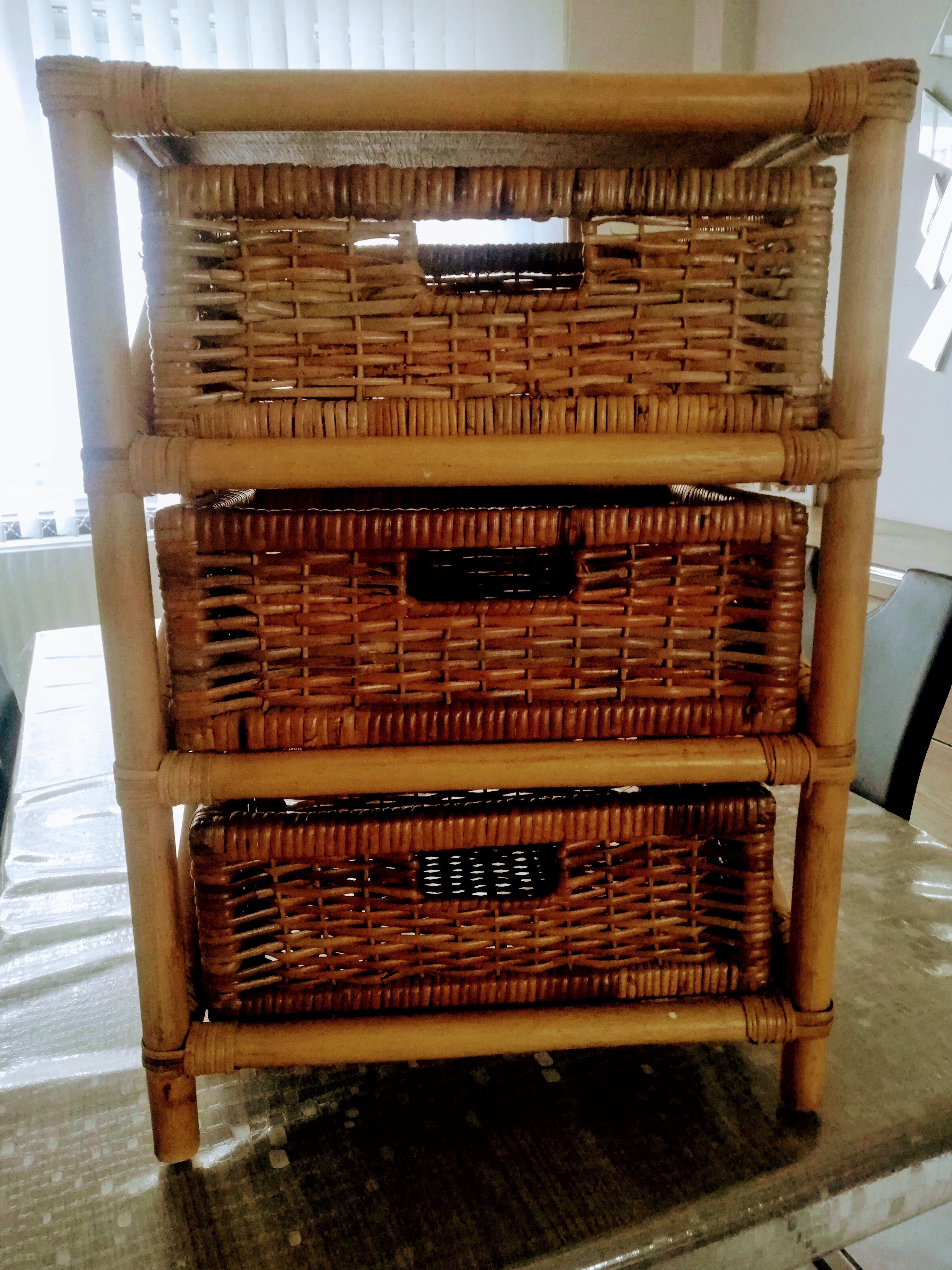 Standing shelf with rattan and bamboo drawers