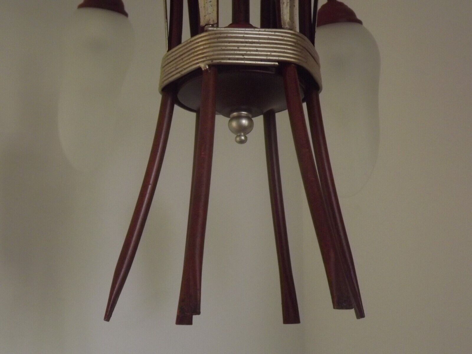 French vintage 6 arm brown & silver toleware chandelier opaque glass shades 3861