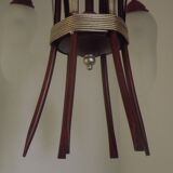 French vintage 6 arm brown & silver toleware chandelier opaque glass shades 3861