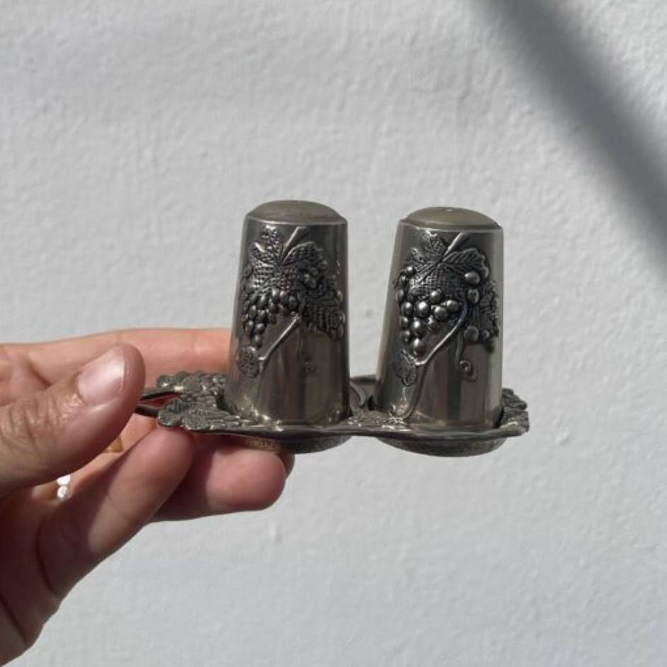 Silver-plated metal vine-shaped salt and pepper shakers