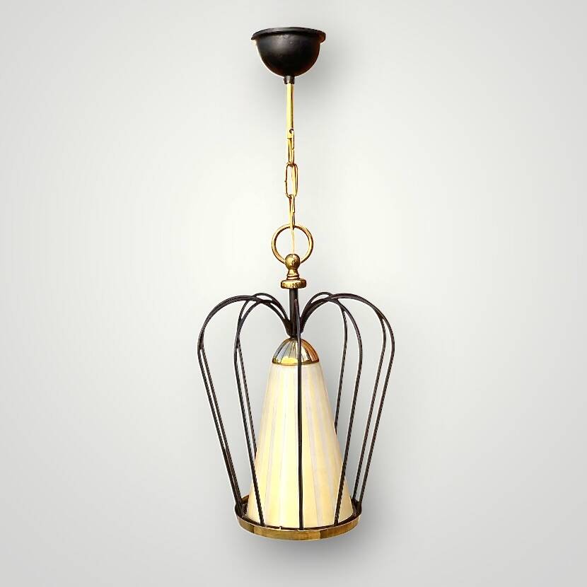 Massive vintage pendant light – brass, black metal and striped glass – 1950s