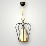 Massive vintage pendant light – brass, black metal and striped glass – 1950s
