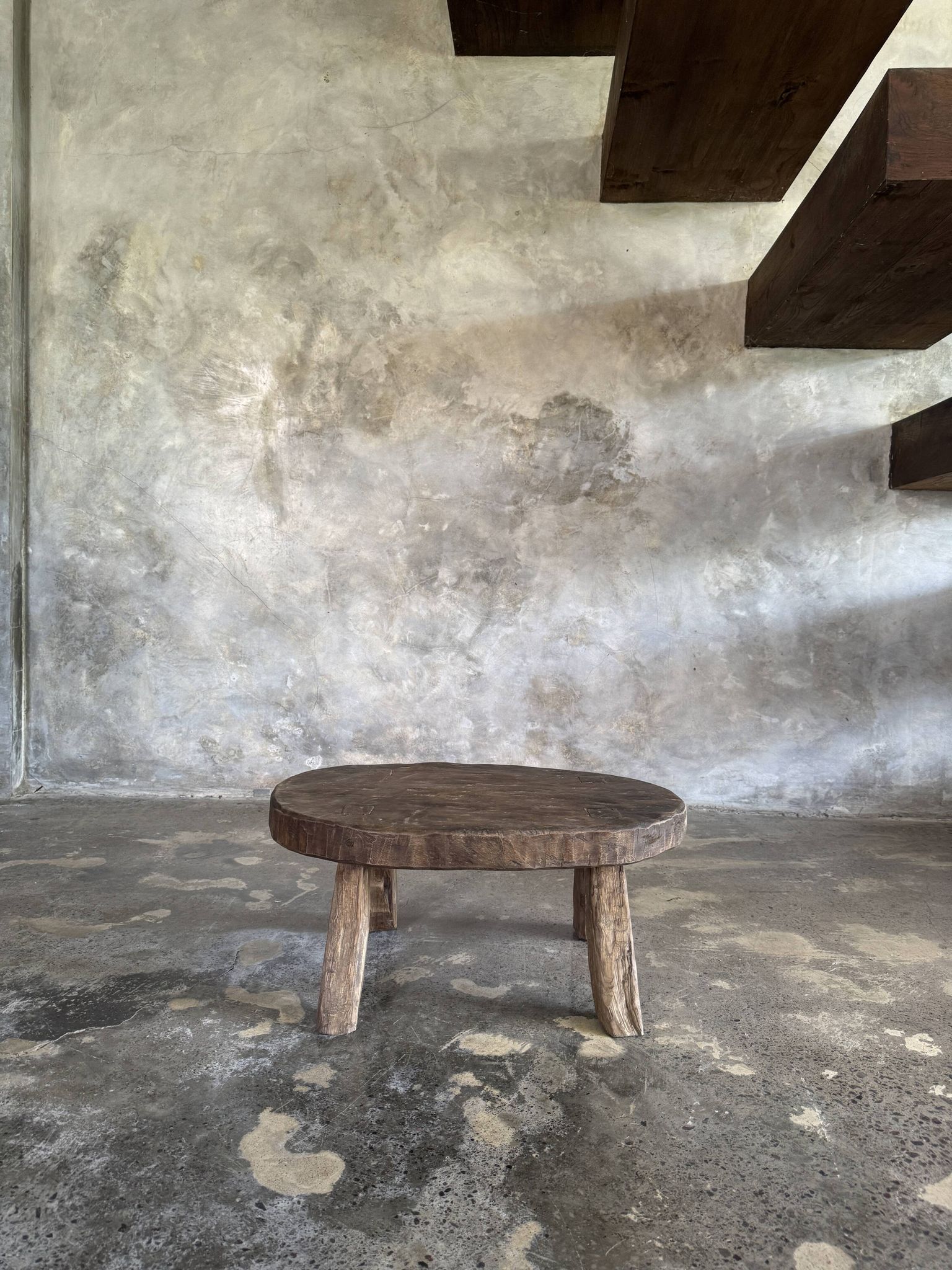 Small stool or small oval side table in solid teak wabi-sabi H24 53