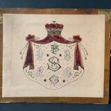 Tableau ancien, blason peint à la main, armoiries, XIXème