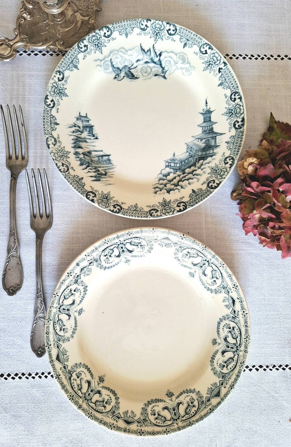 Mismatched antique ironstone earthenware plates