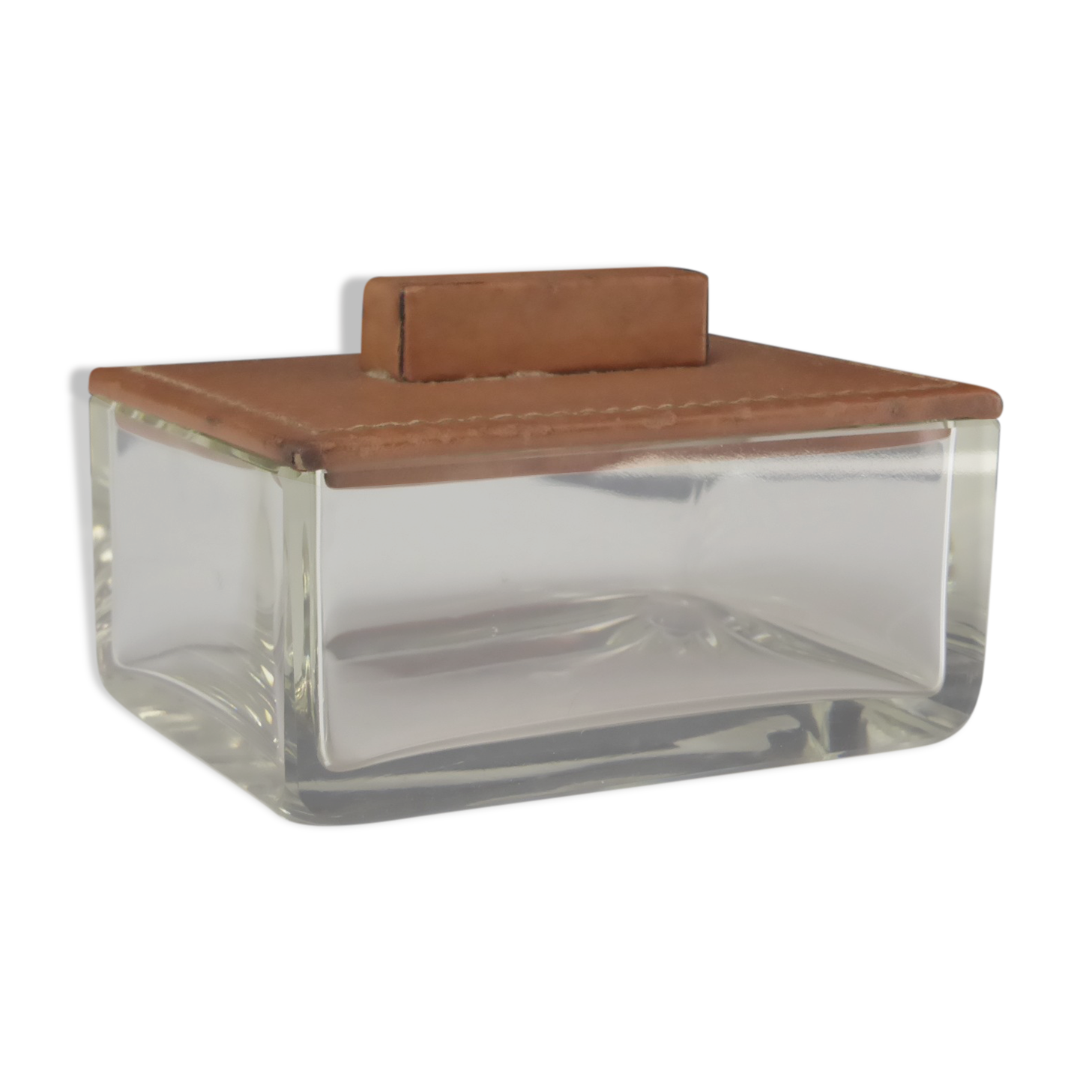 Vintage glass box with tawny leather lid