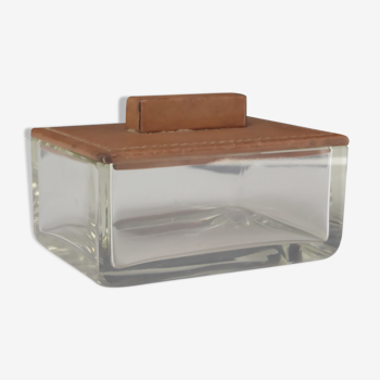 Boîte vintage en verre avec couvercle en cuir fauve