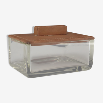 Vintage glass box with tawny leather lid