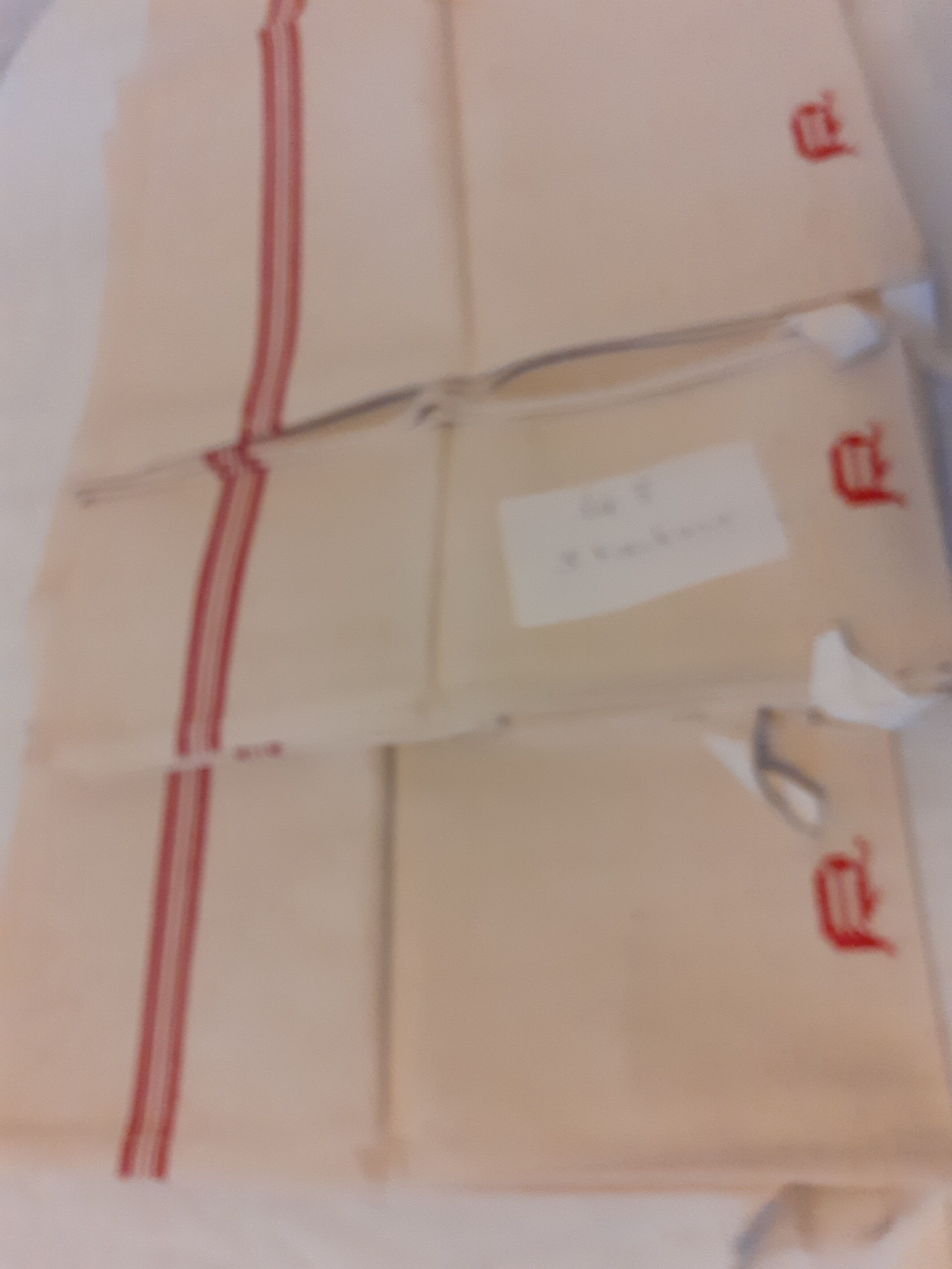 3 Old mestizo linen and cotton tea towels stripes and red initials cross stitches l3