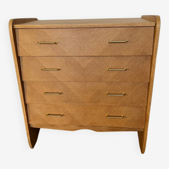 Vintage oak veneer chest of drawers with golden brass handles