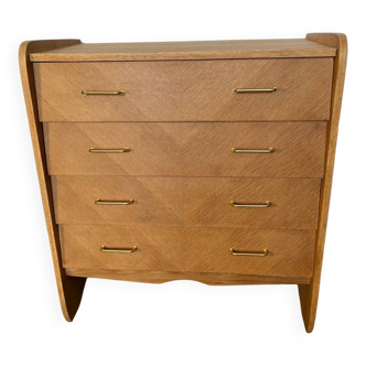 Vintage oak veneer chest of drawers with golden brass handles