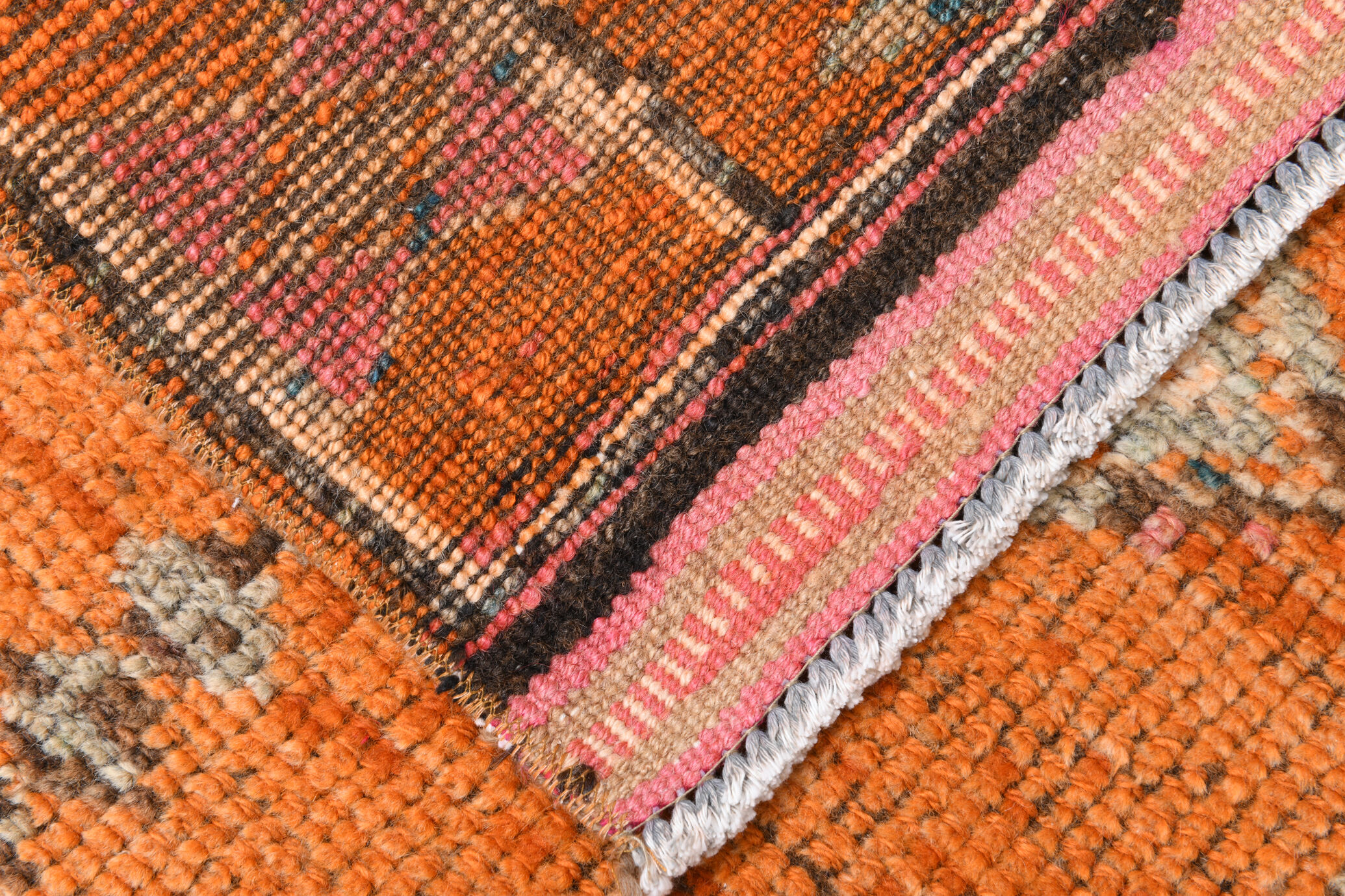 3x12 orange & beige long turkish vintage runner rug 387x87cm