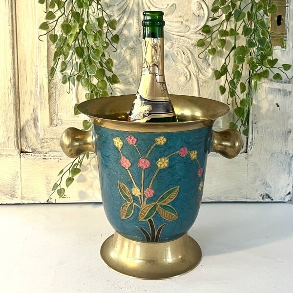 Refroidisseur en émail cloisonné, floral en laiton, vintage français, bleu, champagne.