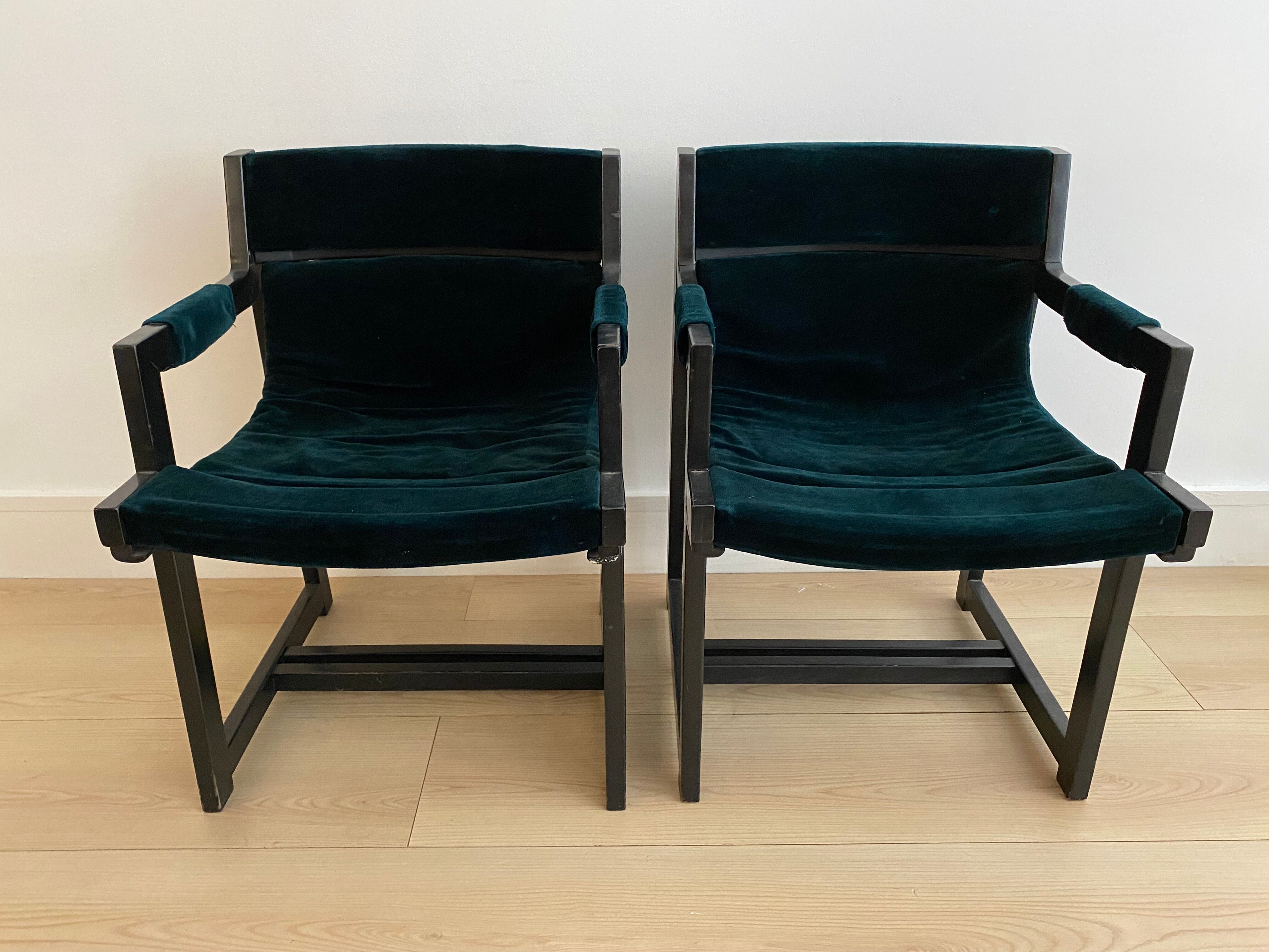Vintage armchair in green velvet and black wood