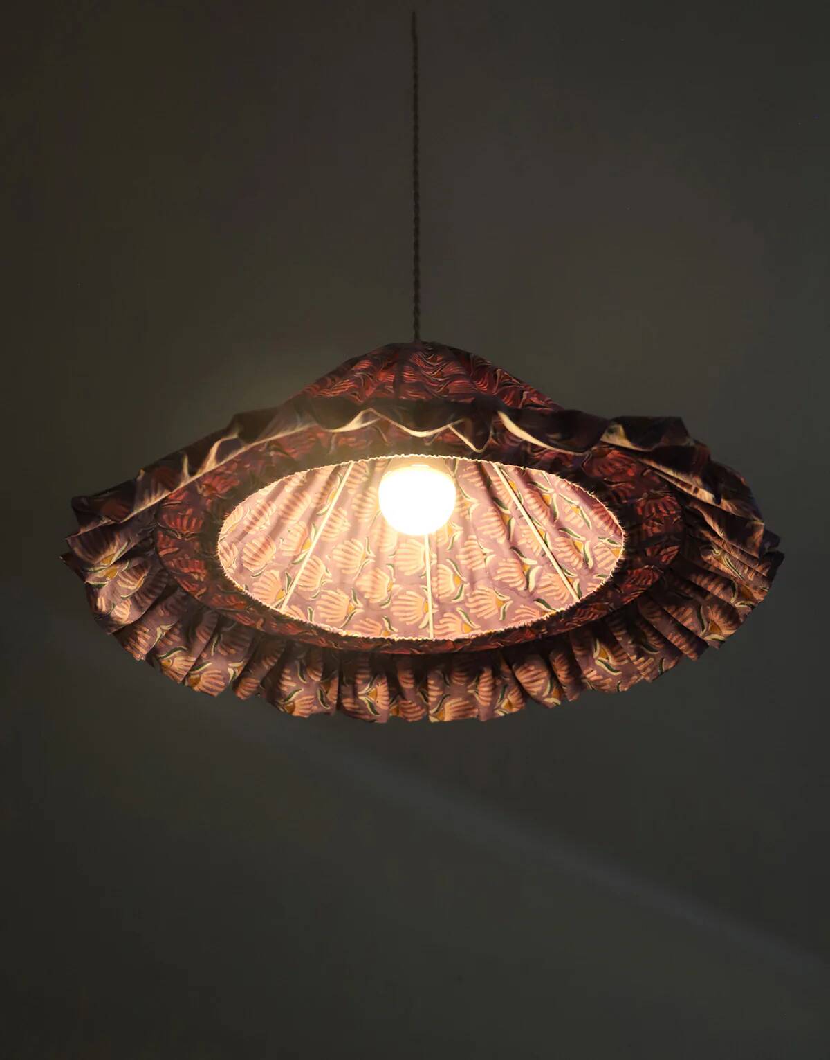 Emilia "purple shell flowers" conical textile suspension with flounce
