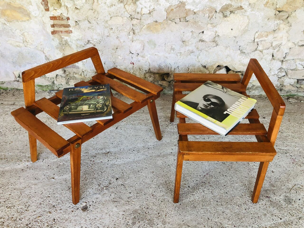 Pair of slatted side tables, Scandinavian style, 60s