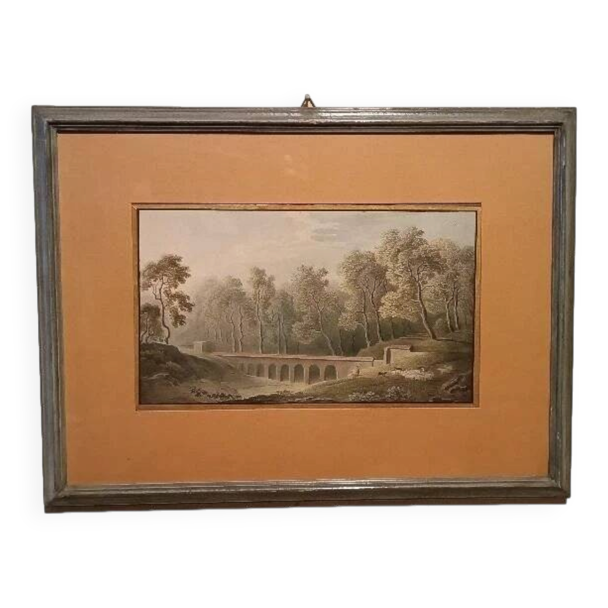 Old watercolour on paper from the early 19th century – landscape with aqueduct and bridge.