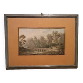 Old watercolour on paper from the early 19th century – landscape with aqueduct and bridge.