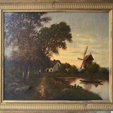 HST painting "Animated landscape at dusk" 19th century
