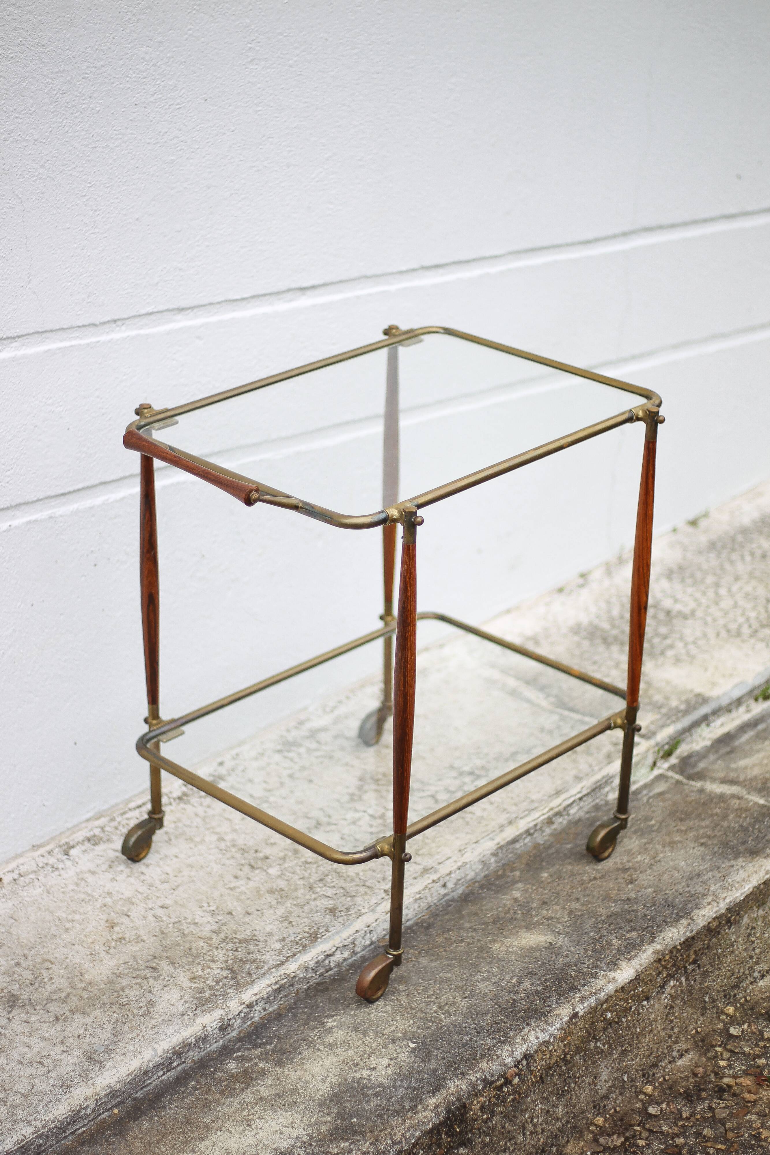 Wood and brass rolling dessert trolley, bar cart, server, trolley, 1950 Cesare Lacca for Arredoluce.