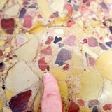 Round wooden coffee table with Aleppo breccia marble top - 1950s