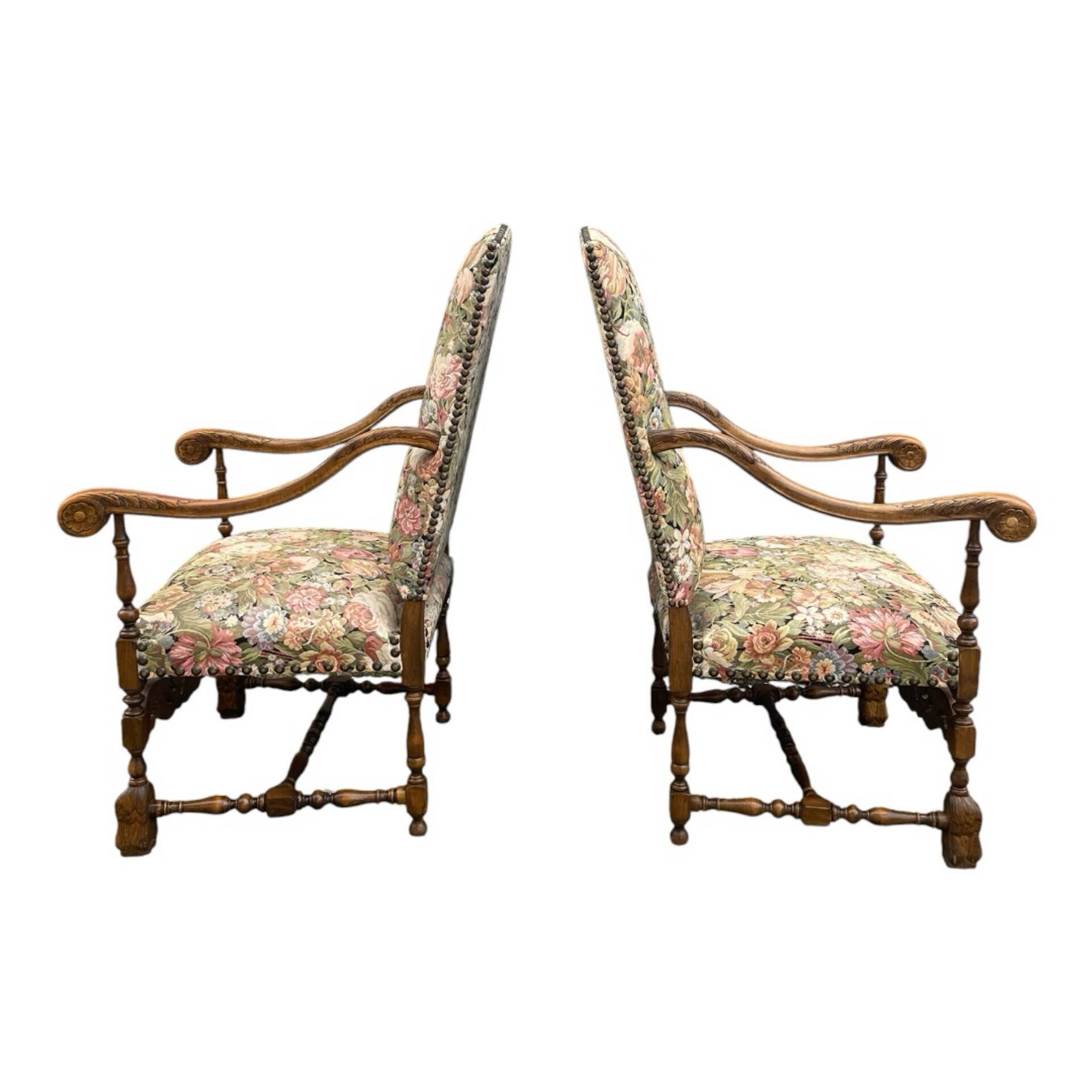 Pair of large ceremonial armchairs in Louis XIII style with tapestry f