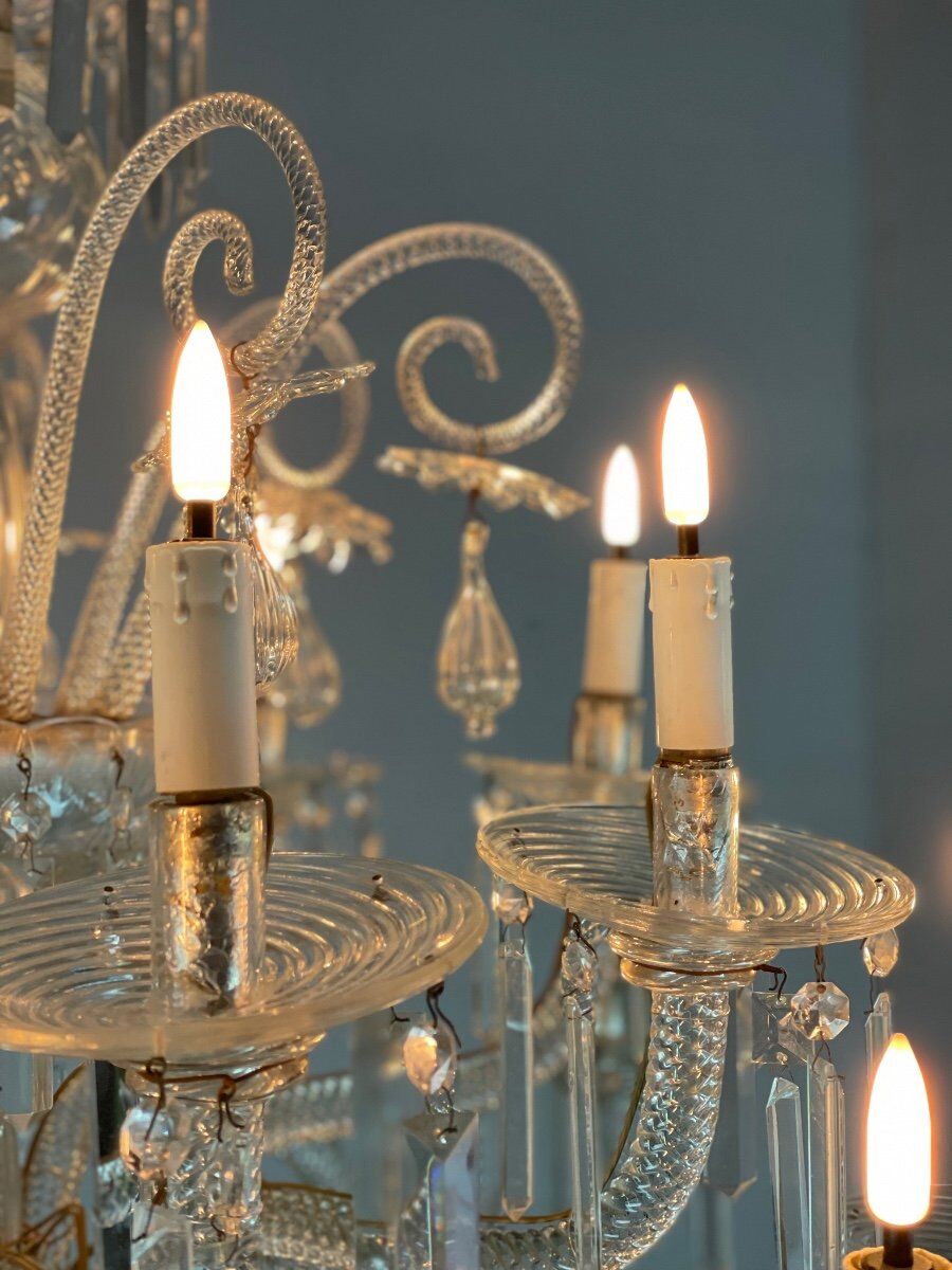 Transparent blown and pinched glass chandelier trimmed with crystals, austria circa 1920