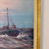 1950's Large Swedish Mid-Century Oil On Canvas " Sailing at Sunset " by Johan Ossian Andersson