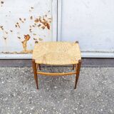 Sgabello in legno e paglia vintage italiano Anni '70