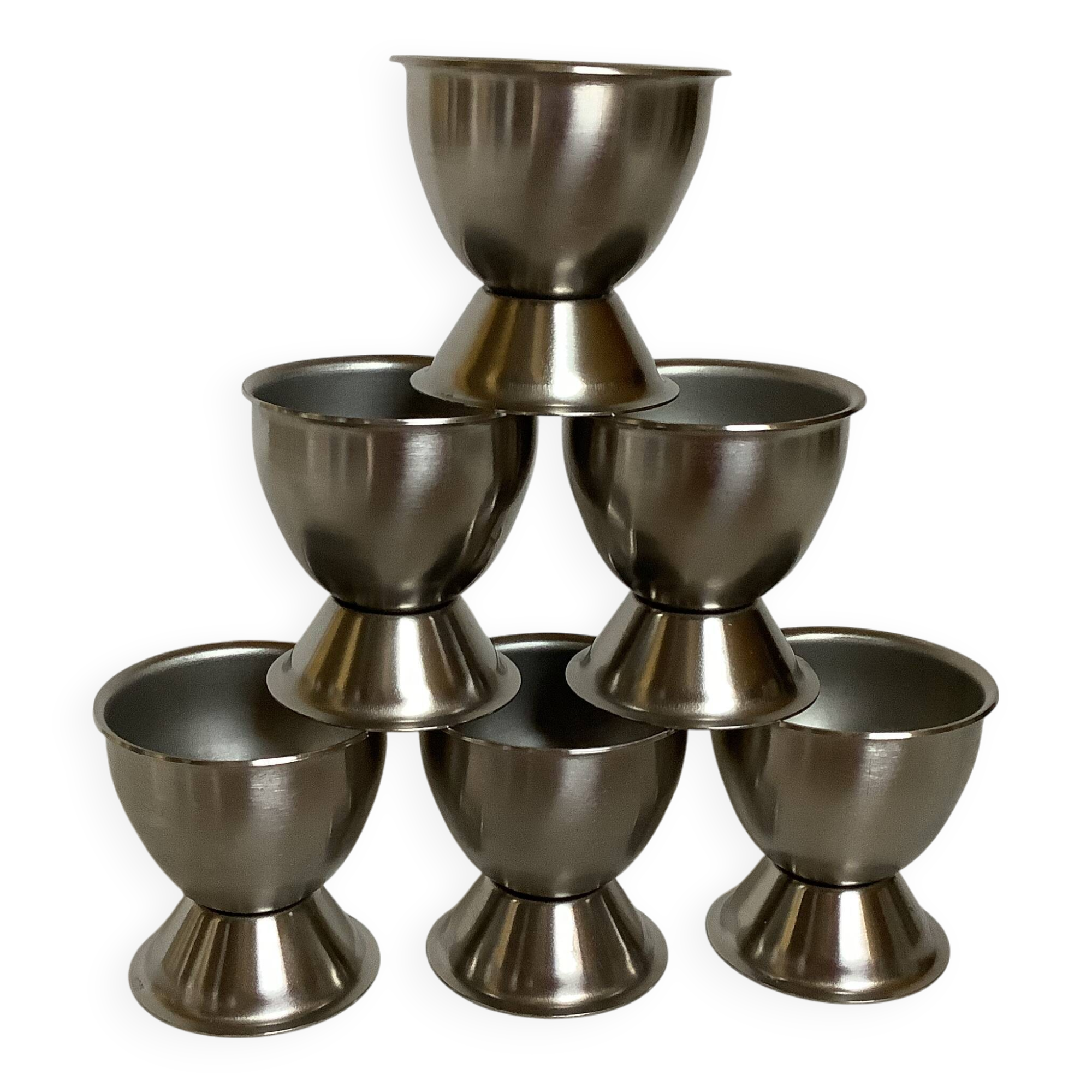 Six metal egg cups