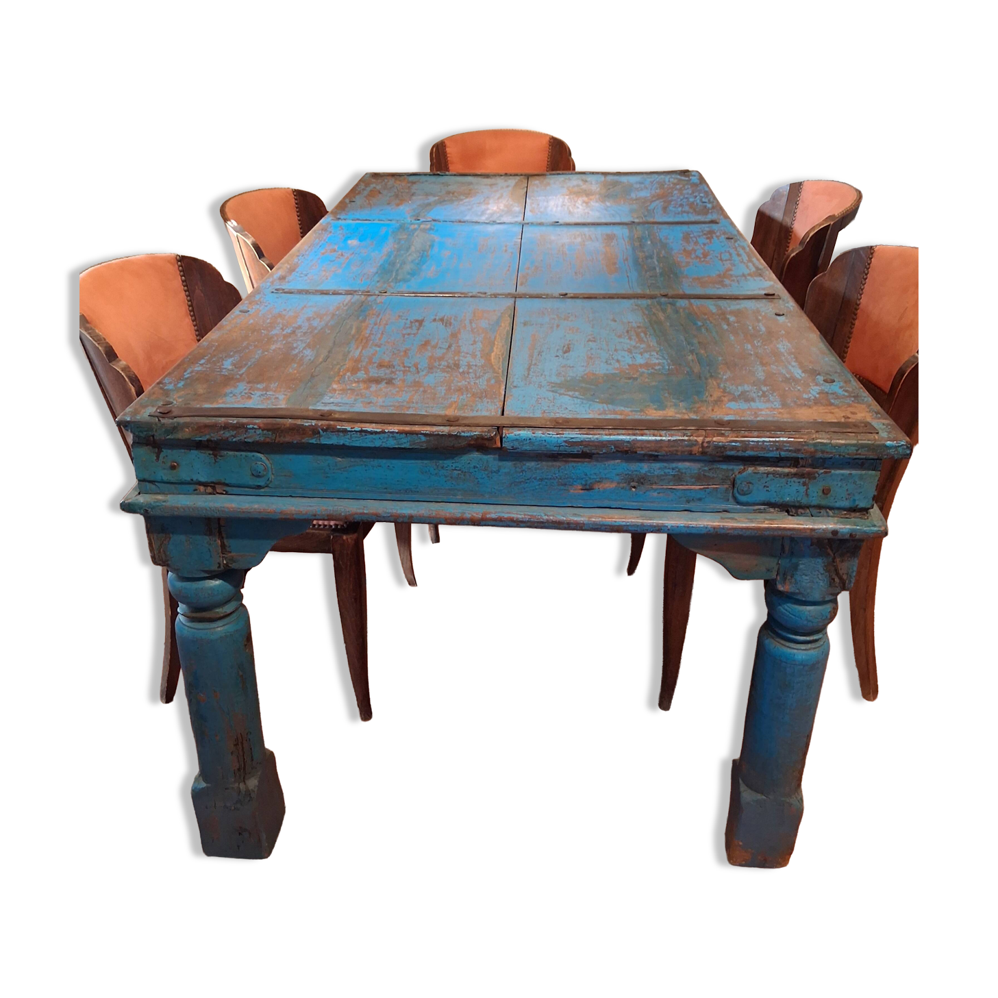 Large antique Indian dining table made of teak wood with patina.