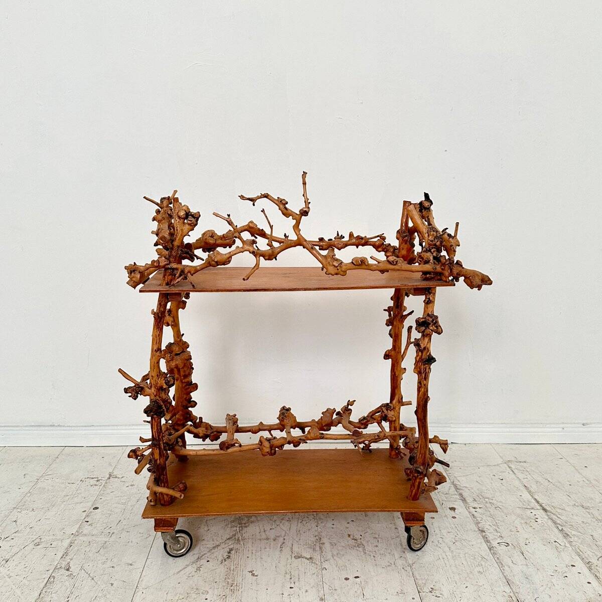 Mid-Century Bar Cart in Brown Burl, Plywood and Root Wood, 1960s