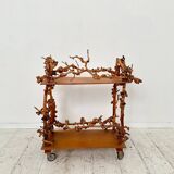 Mid-Century Bar Cart in Brown Burl, Plywood and Root Wood, 1960s