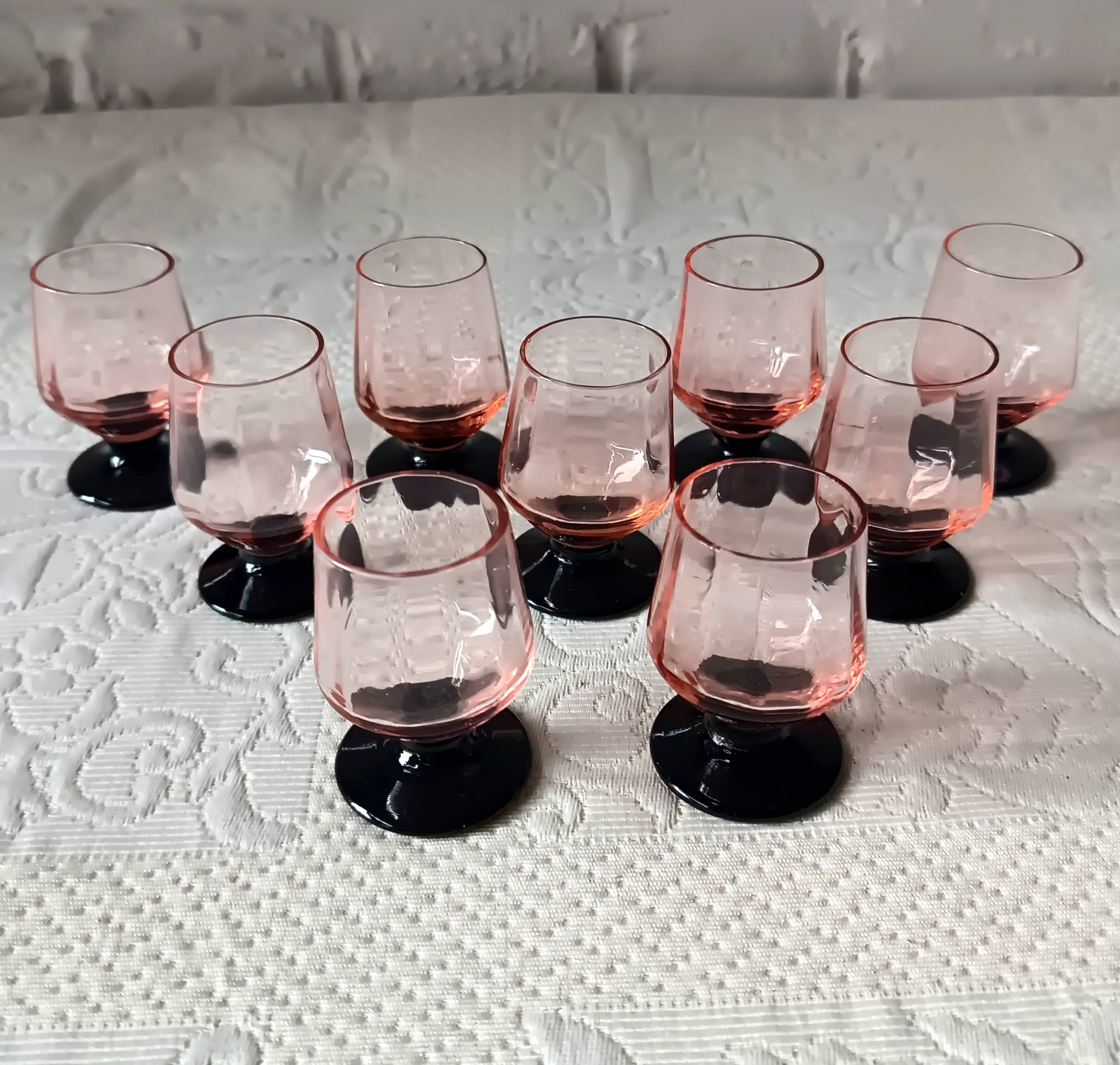 9 french liqueur glasses pink black foot vintage france